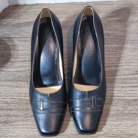 Marche-Mellow Comfort Block Heel Pumps Size 7 Black Leather Minimalist Dress - Picture 4 of 12